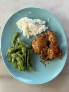 Teriyaki chicken, rice, and edamame as part of a simple weekly meal plan